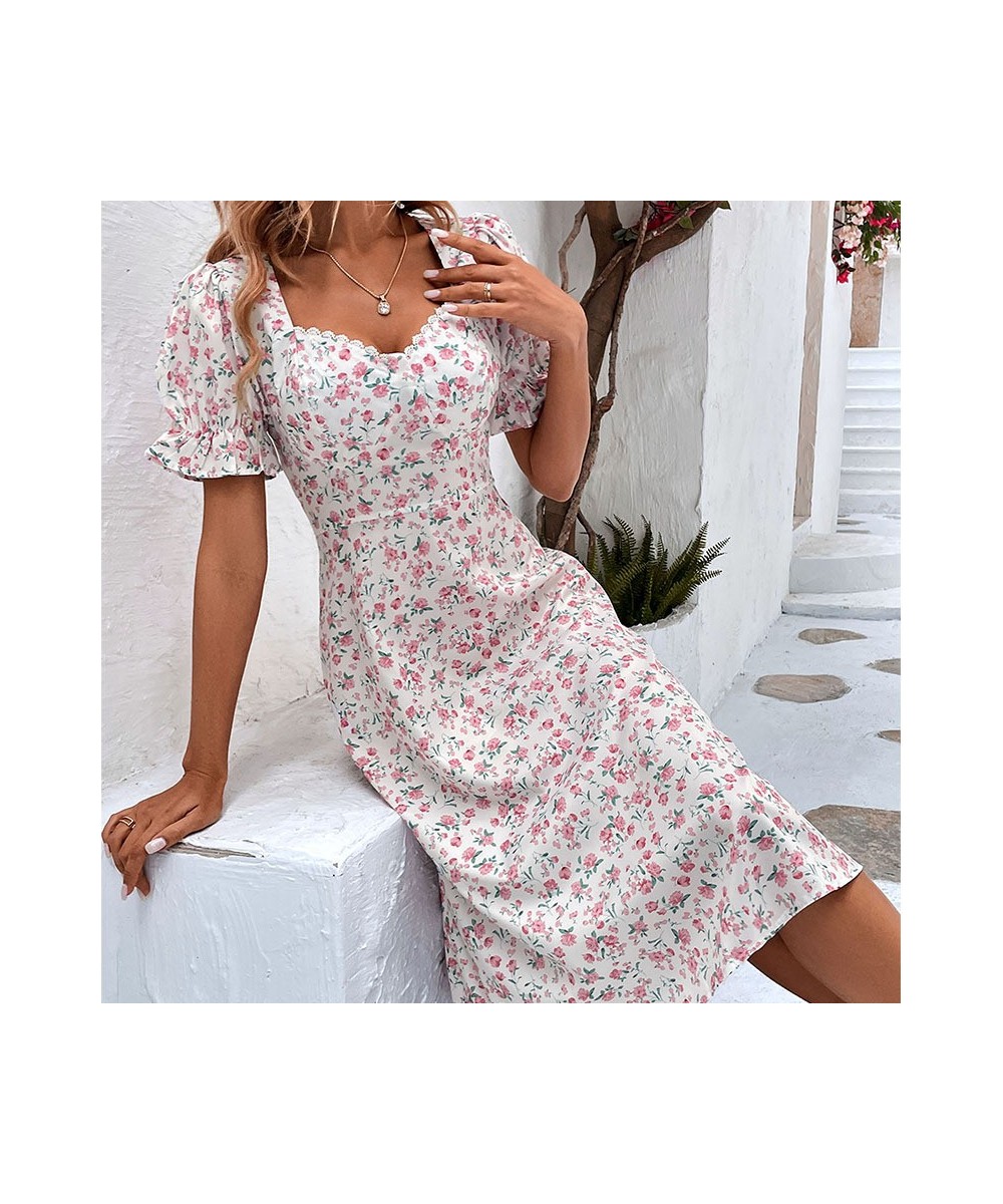 Fashion Floral Dress for Women 2023 Summer Casual Short-sleeved Waist Slim Midi Dresses Women's Beach Party Holiday Wind Dres...