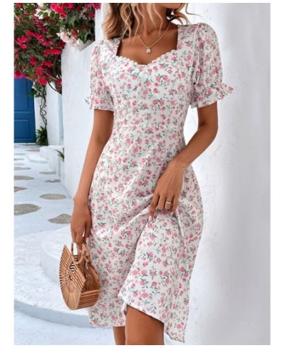 Fashion Floral Dress for Women 2023 Summer Casual Short-sleeved Waist Slim Midi Dresses Women's Beach Party Holiday Wind Dres...