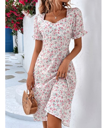 Fashion Floral Dress for Women 2023 Summer Casual Short-sleeved Waist Slim Midi Dresses Women's Beach Party Holiday Wind Dres...