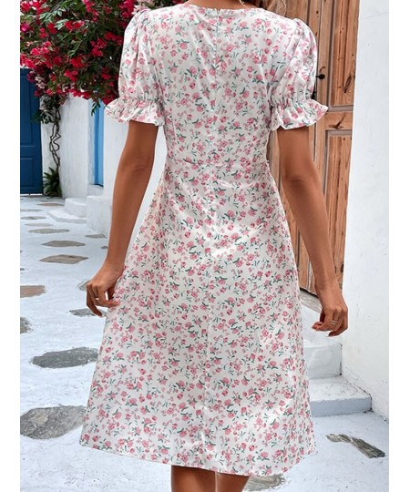 Fashion Floral Dress for Women 2023 Summer Casual Short-sleeved Waist Slim Midi Dresses Women's Beach Party Holiday Wind Dres...