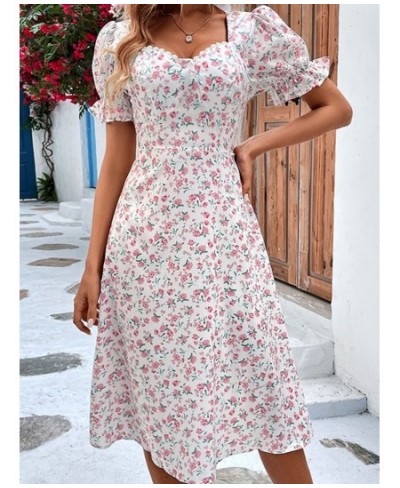 Fashion Floral Dress for Women 2023 Summer Casual Short-sleeved Waist Slim Midi Dresses Women's Beach Party Holiday Wind Dres...