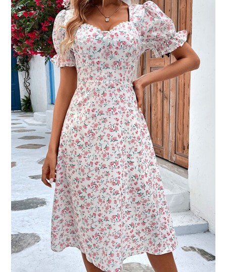 Fashion Floral Dress for Women 2023 Summer Casual Short-sleeved Waist Slim Midi Dresses Women's Beach Party Holiday Wind Dres...