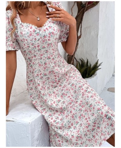 Fashion Floral Dress for Women 2023 Summer Casual Short-sleeved Waist Slim Midi Dresses Women's Beach Party Holiday Wind Dres...