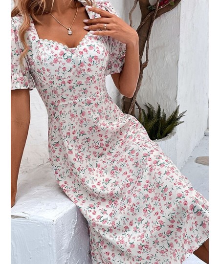 Fashion Floral Dress for Women 2023 Summer Casual Short-sleeved Waist Slim Midi Dresses Women's Beach Party Holiday Wind Dres...