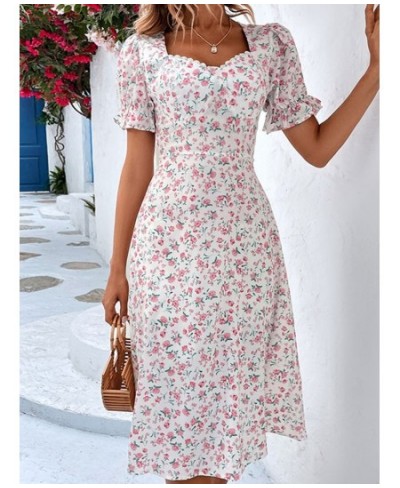 Fashion Floral Dress for Women 2023 Summer Casual Short-sleeved Waist Slim Midi Dresses Women's Beach Party Holiday Wind Dres...