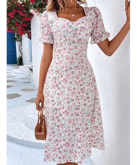 Fashion Floral Dress for Women 2023 Summer Casual Short-sleeved Waist Slim Midi Dresses Women's Beach Party Holiday Wind Dres...