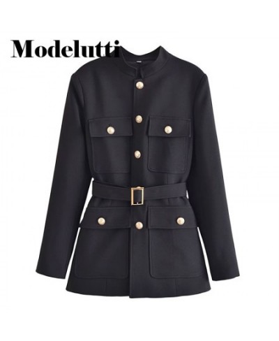 2023 Autumn Winter Fashion Women New Elegant Stand Neck Blazers Coat Commute Belt Slim Solid Simple Tops Female Chic $85.01 -...