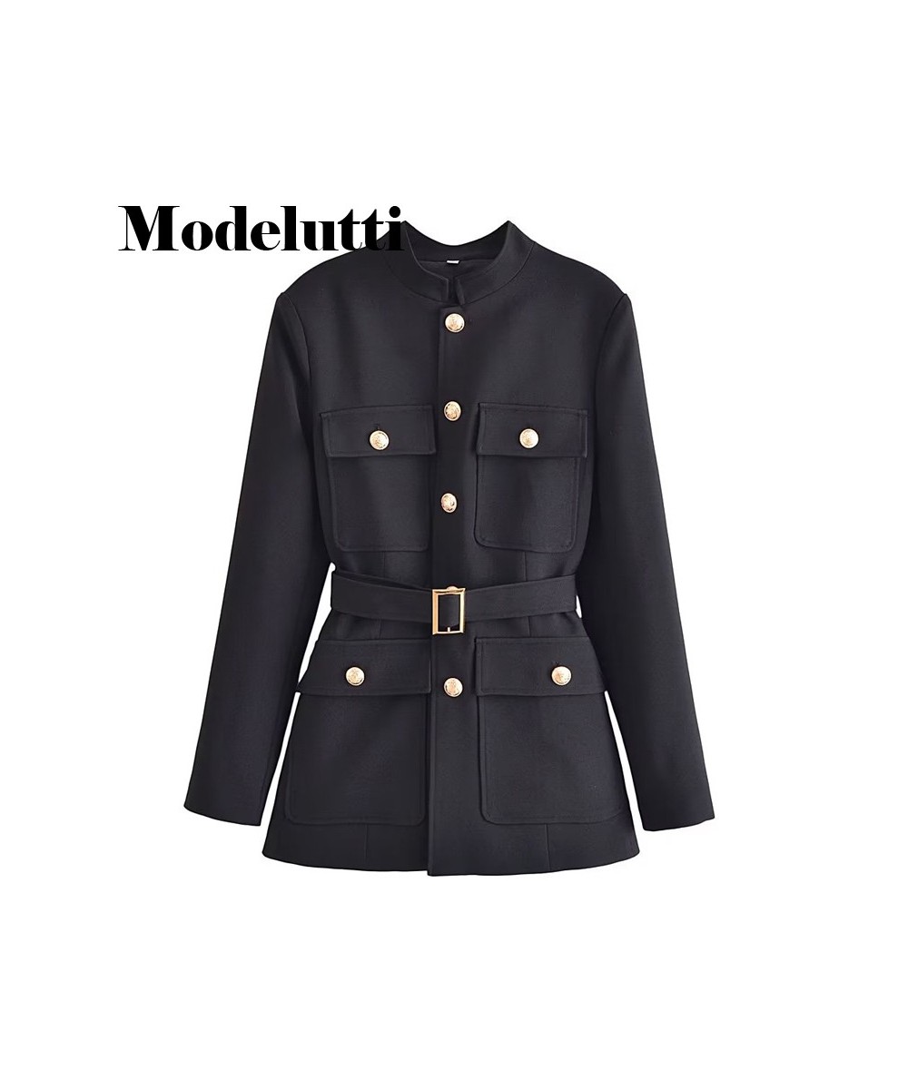 2023 Autumn Winter Fashion Women New Elegant Stand Neck Blazers Coat Commute Belt Slim Solid Simple Tops Female Chic $85.01 -...