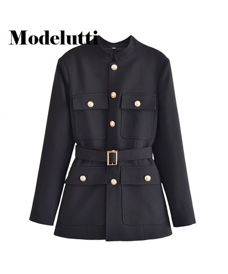 2023 Autumn Winter Fashion Women New Elegant Stand Neck Blazers Coat Commute Belt Slim Solid Simple Tops Female Chic $85.01 -...