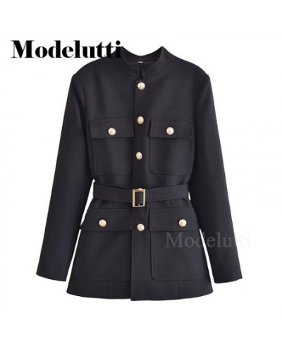 2023 Autumn Winter Fashion Women New Elegant Stand Neck Blazers Coat Commute Belt Slim Solid Simple Tops Female Chic $85.01 -...