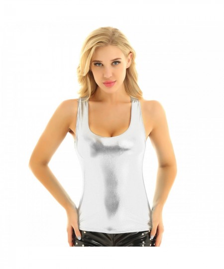 Women Holographic Leather Tank Shiny Metallic Party Nightclub Slim Vest Sleeveless Sexy Deep U-Neck Camisole Tank Top $22.16 ...