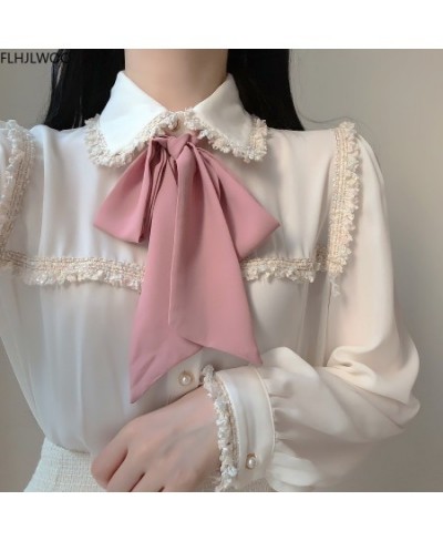 2023 Autumn Women's Cute Bow Tie Tops Preppy Style Vintage Japaneses Korea Design Button Elegant Formal White Shirts Blouses ...