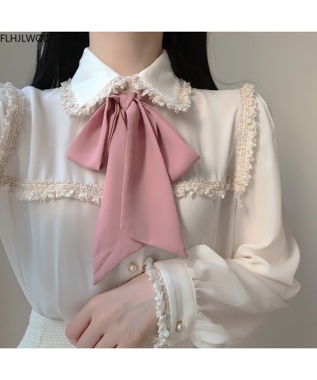 2023 Autumn Women's Cute Bow Tie Tops Preppy Style Vintage Japaneses Korea Design Button Elegant Formal White Shirts Blouses ...