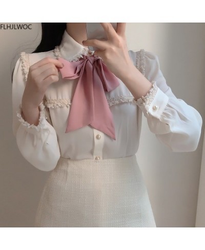 2023 Autumn Women's Cute Bow Tie Tops Preppy Style Vintage Japaneses Korea Design Button Elegant Formal White Shirts Blouses ...