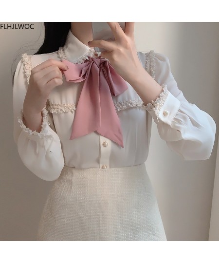 2023 Autumn Women's Cute Bow Tie Tops Preppy Style Vintage Japaneses Korea Design Button Elegant Formal White Shirts Blouses ...