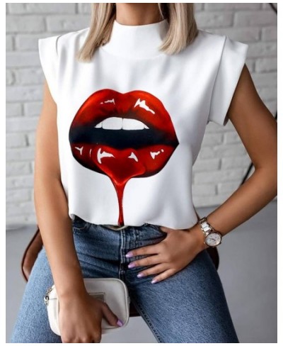 Summer minimalist standing neck lip print women's shirt top women's clothing $22.00 - Tops & Tees