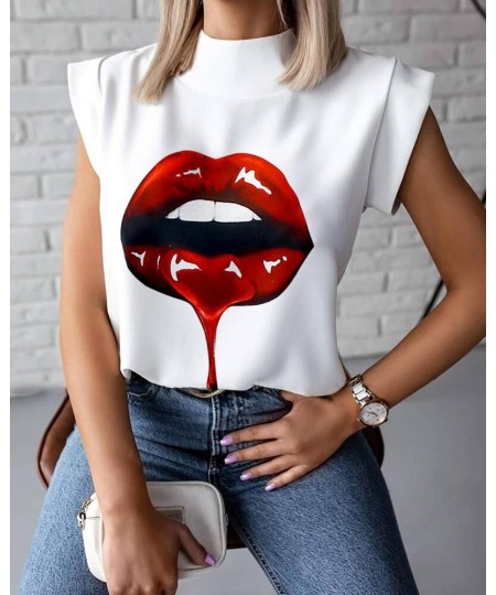 Summer minimalist standing neck lip print women's shirt top women's clothing $22.00 - Tops & Tees