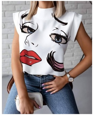 Summer minimalist standing neck lip print women's shirt top women's clothing $22.00 - Tops & Tees