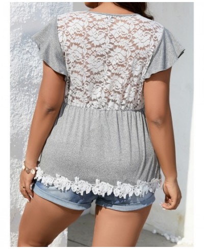 Oversized Plus Size Women's White Lace Floral Print Blouses Chic Slim Butterfly Sleeve Tops Fashion V Neck Casual 4xl T-shirt...