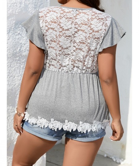 Oversized Plus Size Women's White Lace Floral Print Blouses Chic Slim Butterfly Sleeve Tops Fashion V Neck Casual 4xl T-shirt...