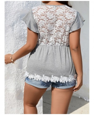 Oversized Plus Size Women's White Lace Floral Print Blouses Chic Slim Butterfly Sleeve Tops Fashion V Neck Casual 4xl T-shirt...