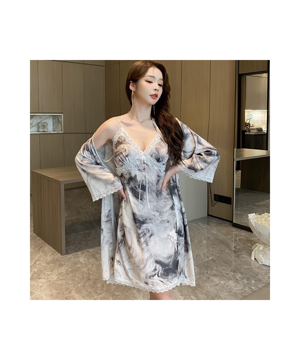 New 2023 Summer Two Pieces Woman's Sleeping Floral Robe Gown Sets Femme High Quality Like Silk Pajamas With Cross Lace $46.08...