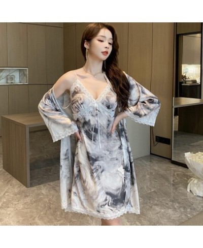 New 2023 Summer Two Pieces Woman's Sleeping Floral Robe Gown Sets Femme High Quality Like Silk Pajamas With Cross Lace $46.08...