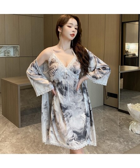 New 2023 Summer Two Pieces Woman's Sleeping Floral Robe Gown Sets Femme High Quality Like Silk Pajamas With Cross Lace $46.08...