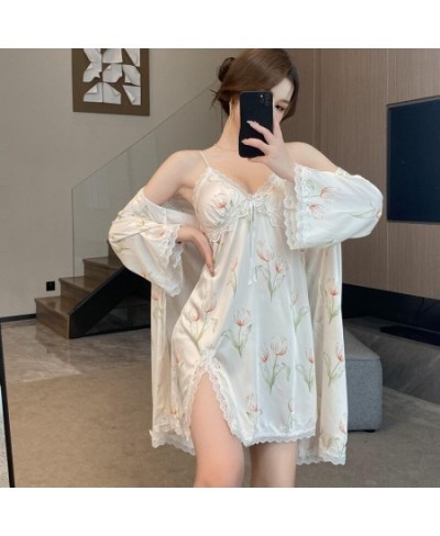 New 2023 Summer Two Pieces Woman's Sleeping Floral Robe Gown Sets Femme High Quality Like Silk Pajamas With Cross Lace $46.08...