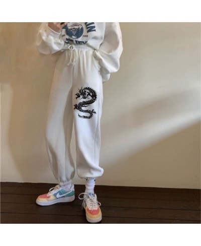 Vintage Kawaii Dragon Print Women Elastic Waist White Fashion Autumn Casual Harajuku Pants Pocket Loose Female 2023 Streetwea...