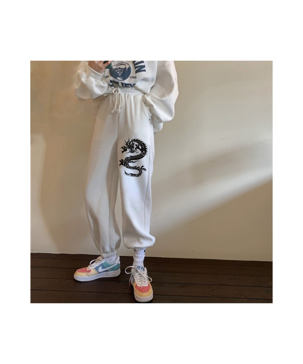 Vintage Kawaii Dragon Print Women Elastic Waist White Fashion Autumn Casual Harajuku Pants Pocket Loose Female 2023 Streetwea...