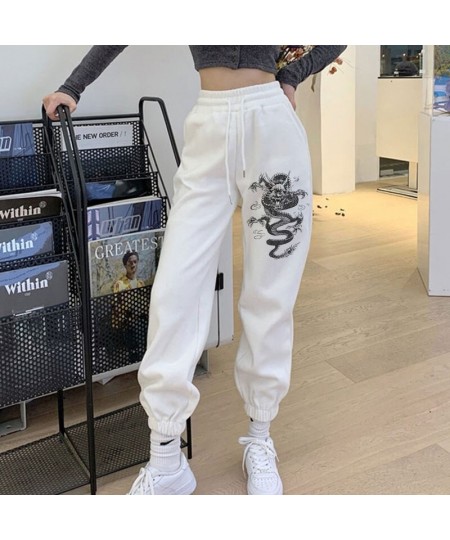 Vintage Kawaii Dragon Print Women Elastic Waist White Fashion Autumn Casual Harajuku Pants Pocket Loose Female 2023 Streetwea...