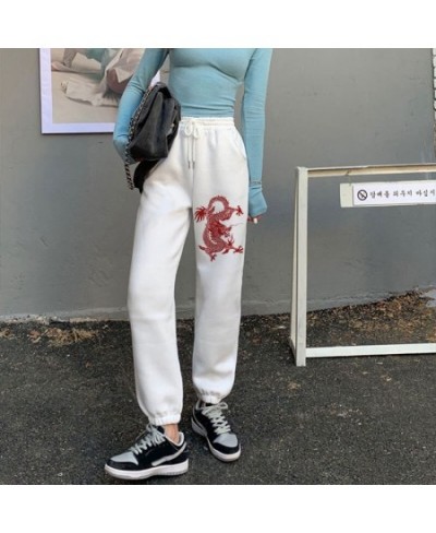 Vintage Kawaii Dragon Print Women Elastic Waist White Fashion Autumn Casual Harajuku Pants Pocket Loose Female 2023 Streetwea...