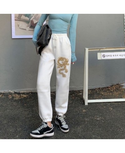 Vintage Kawaii Dragon Print Women Elastic Waist White Fashion Autumn Casual Harajuku Pants Pocket Loose Female 2023 Streetwea...