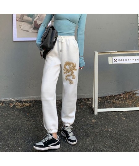 Vintage Kawaii Dragon Print Women Elastic Waist White Fashion Autumn Casual Harajuku Pants Pocket Loose Female 2023 Streetwea...