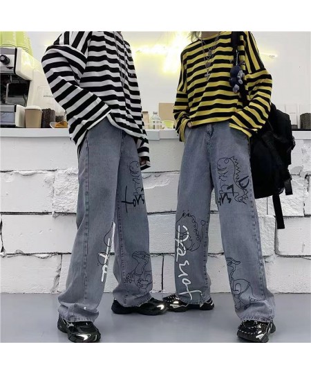 Dinosaur Print Jeans Girl Boyfriend Straight Leg Pants Boy Pants Harajuku Kawaii Jeans High Waist Loose Cool Autumn Jeans Gir...