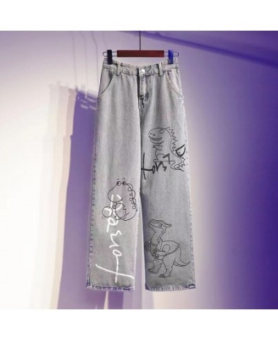 Dinosaur Print Jeans Girl Boyfriend Straight Leg Pants Boy Pants Harajuku Kawaii Jeans High Waist Loose Cool Autumn Jeans Gir...