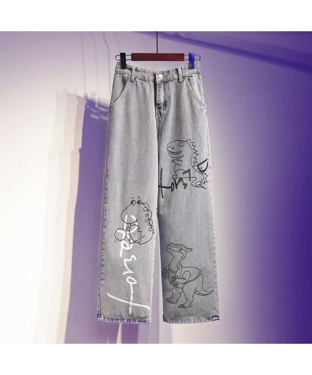 Dinosaur Print Jeans Girl Boyfriend Straight Leg Pants Boy Pants Harajuku Kawaii Jeans High Waist Loose Cool Autumn Jeans Gir...