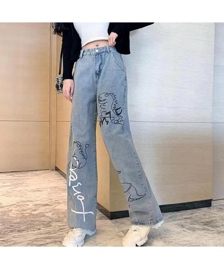 Dinosaur Print Jeans Girl Boyfriend Straight Leg Pants Boy Pants Harajuku Kawaii Jeans High Waist Loose Cool Autumn Jeans Gir...