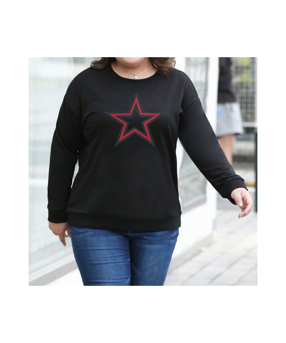 Fashion Loose Pullover T-Shirt Spring Autumn Casual Five-pointed Star Print Long Sleeve Black Red Women's Top $43.94 - Plus S...