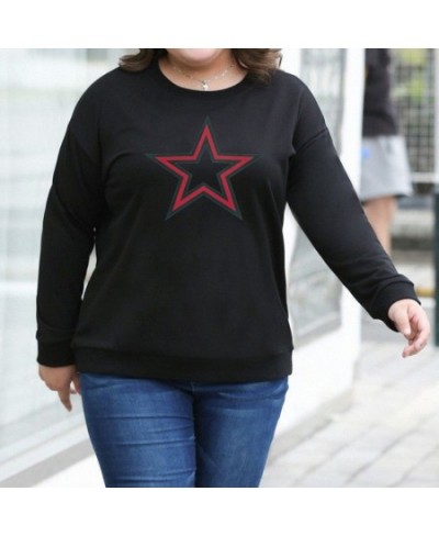 Fashion Loose Pullover T-Shirt Spring Autumn Casual Five-pointed Star Print Long Sleeve Black Red Women's Top $43.94 - Plus S...