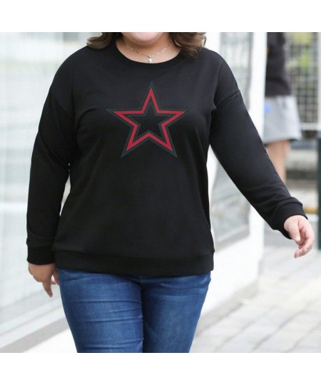 Fashion Loose Pullover T-Shirt Spring Autumn Casual Five-pointed Star Print Long Sleeve Black Red Women's Top $43.94 - Plus S...