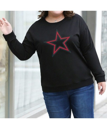 Fashion Loose Pullover T-Shirt Spring Autumn Casual Five-pointed Star Print Long Sleeve Black Red Women's Top $43.94 - Plus S...