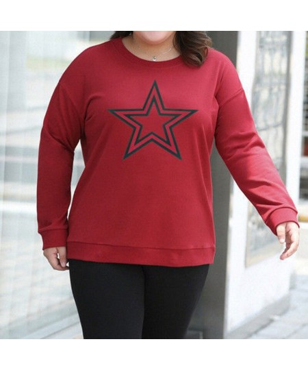 Fashion Loose Pullover T-Shirt Spring Autumn Casual Five-pointed Star Print Long Sleeve Black Red Women's Top $43.94 - Plus S...