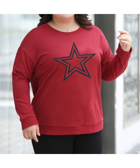 Fashion Loose Pullover T-Shirt Spring Autumn Casual Five-pointed Star Print Long Sleeve Black Red Women's Top $43.94 - Plus S...