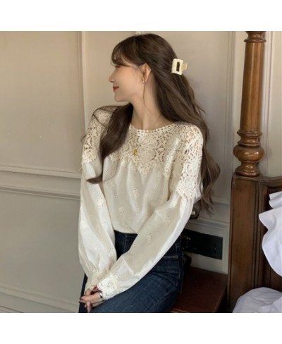 Plus Size Spring Lace Women Blouse O Neck Crochet Hollow Lace Stitching Shirt Korean Style Apricot Gentle Long Sleeve Tops $3...