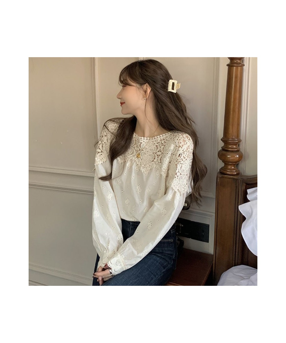 Plus Size Spring Lace Women Blouse O Neck Crochet Hollow Lace Stitching Shirt Korean Style Apricot Gentle Long Sleeve Tops $3...