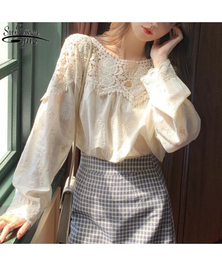 Plus Size Spring Lace Women Blouse O Neck Crochet Hollow Lace Stitching Shirt Korean Style Apricot Gentle Long Sleeve Tops $3...