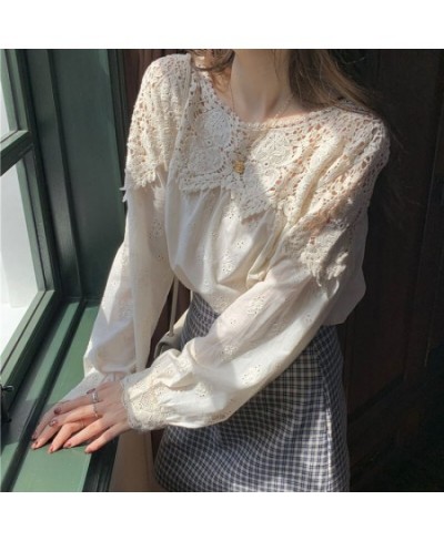 Plus Size Spring Lace Women Blouse O Neck Crochet Hollow Lace Stitching Shirt Korean Style Apricot Gentle Long Sleeve Tops $3...