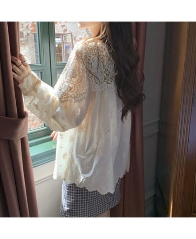 Plus Size Spring Lace Women Blouse O Neck Crochet Hollow Lace Stitching Shirt Korean Style Apricot Gentle Long Sleeve Tops $3...